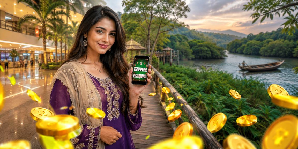 সুন্দরবন প্রেক্ষাপটে score800 ভাউচার দিয়ে রামি গেম খেলছেন একজন খেলোয়াড়